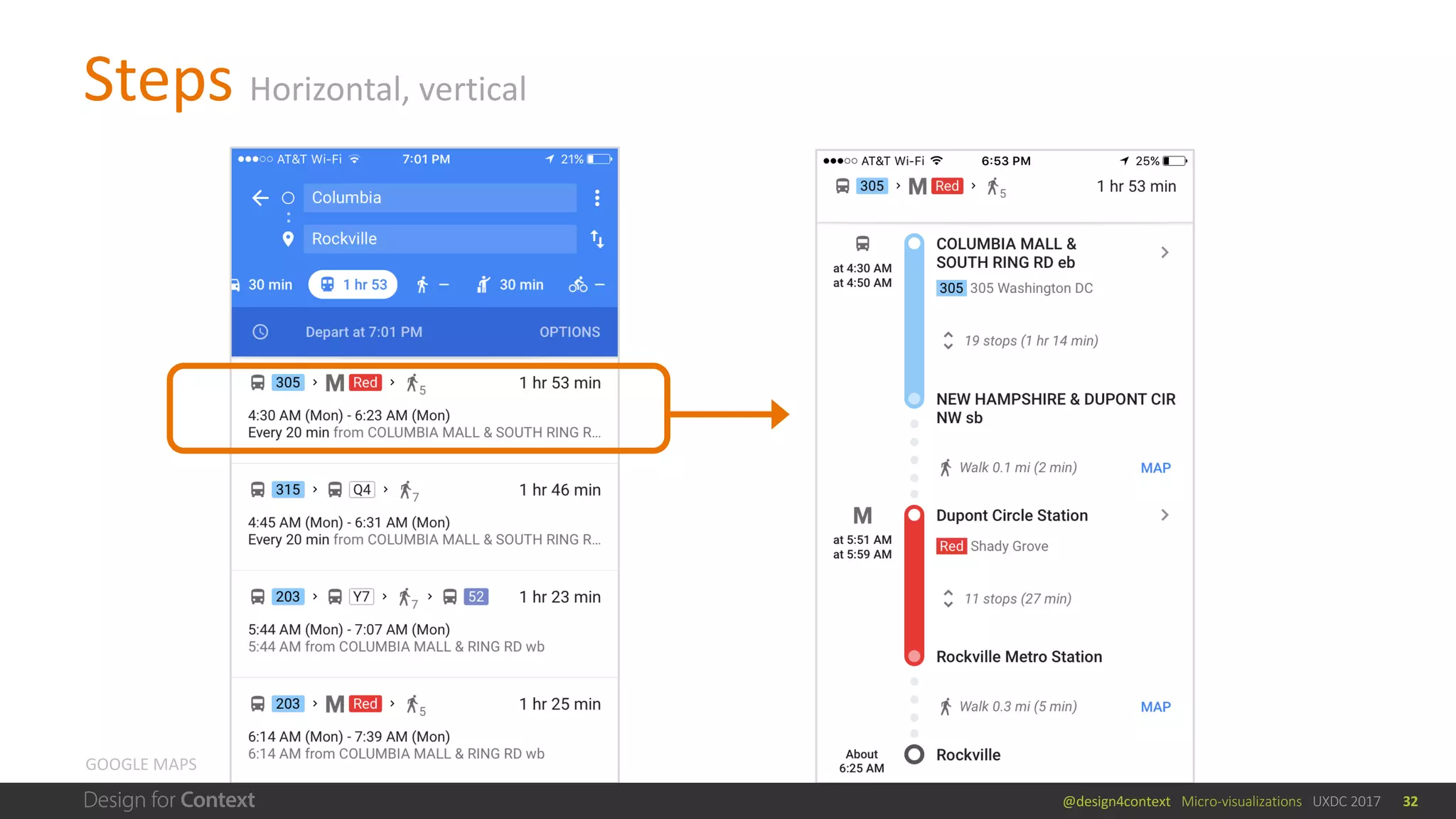 @design4context			Micro-visualizations			UXDC	2017
Steps	Horizontal,	vertical
32
GOOGLE	MAPS
@design4context			Micro-visualizations UXDC	2017 32
 