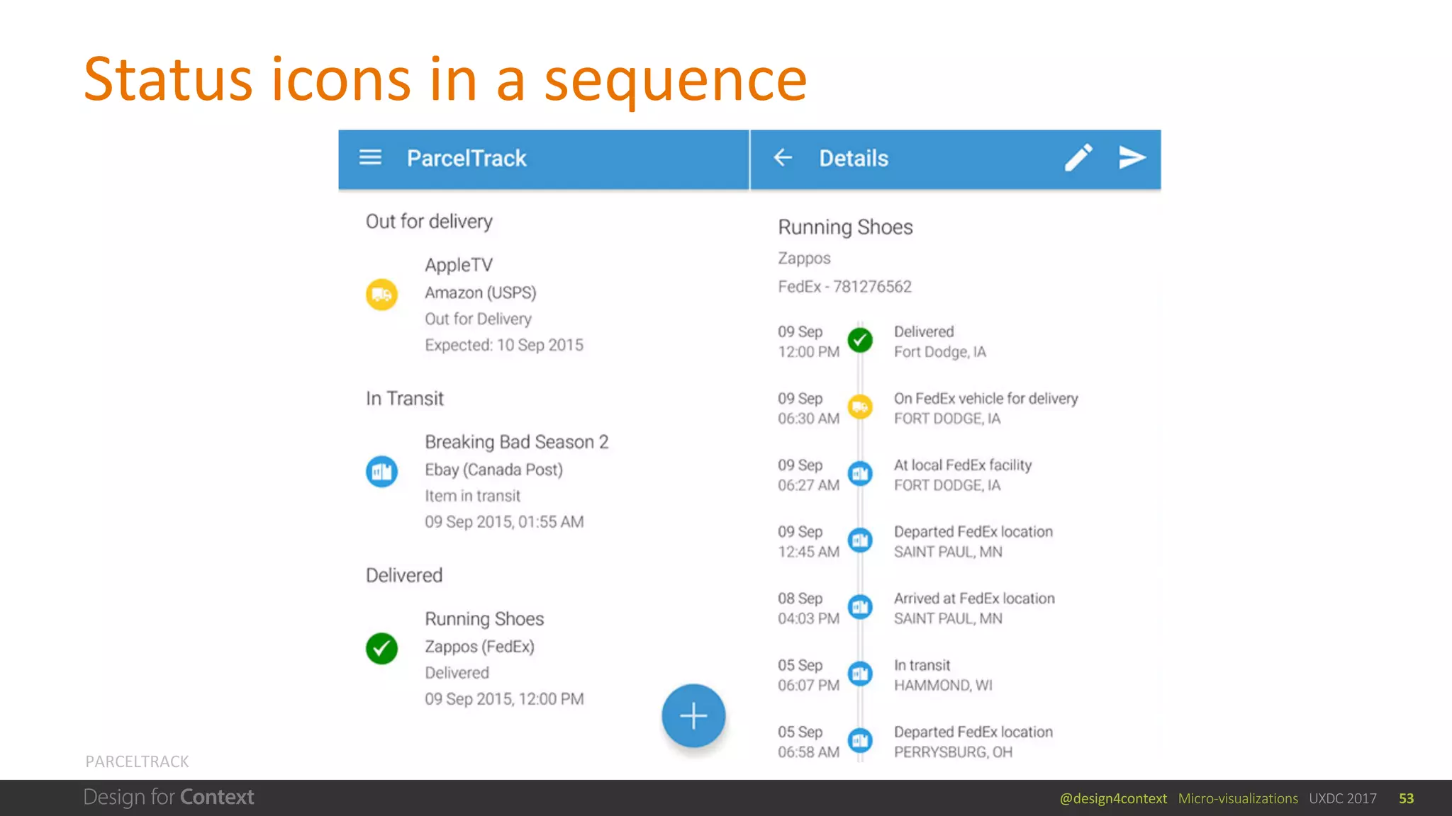 @design4context			Micro-visualizations			UXDC	2017
Status	icons	in	a	sequence
PARCELTRACK
53
 