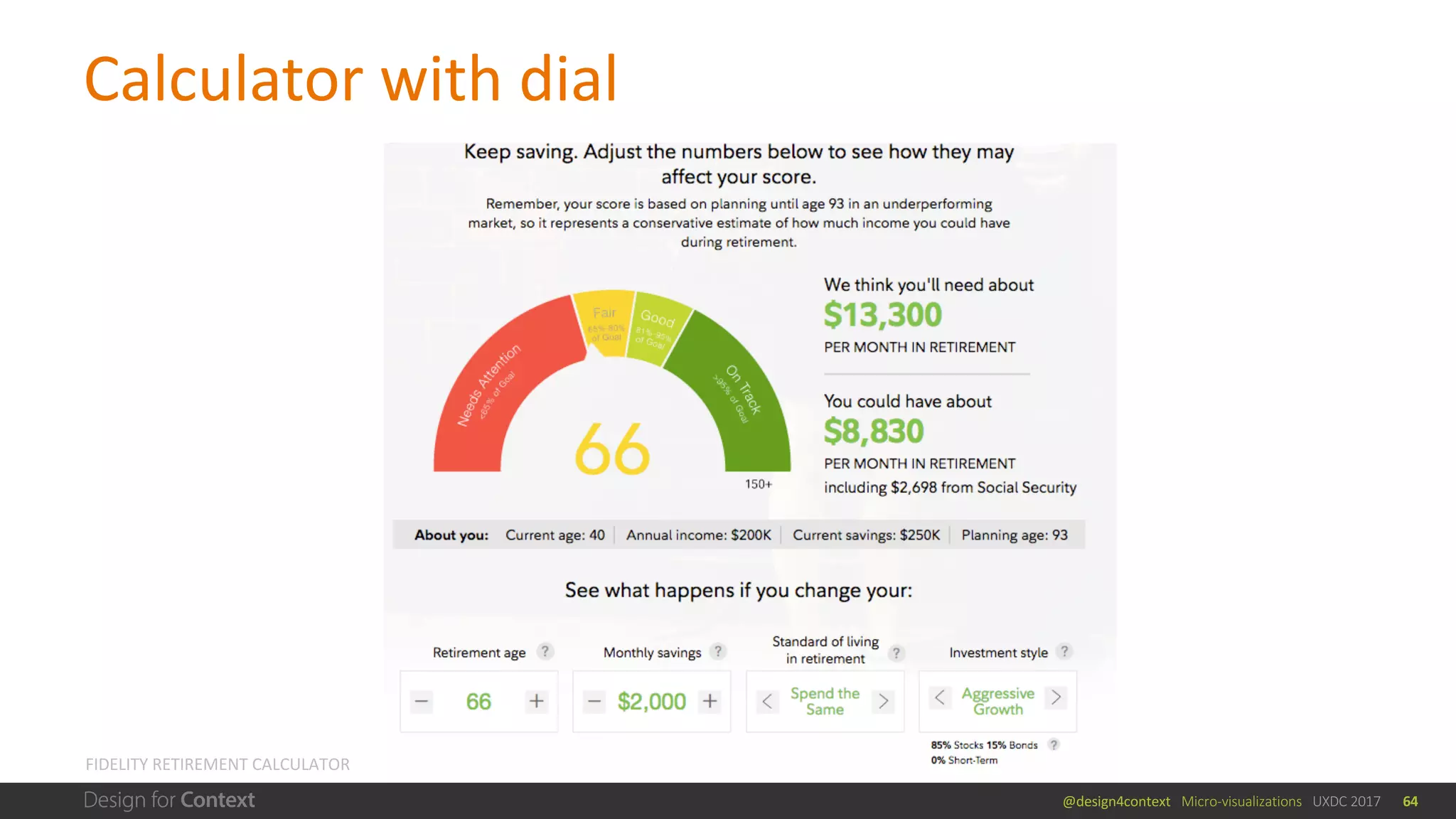 @design4context			Micro-visualizations			UXDC	2017
Calculator	with	dial
FIDELITY	RETIREMENT	CALCULATOR
64
 