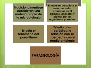 Tradicionalmentese
consideran una
materia propia de
la microbiología
Estudia las parasitosis o
enfermedades
causadas en el
hombre, animales y
plantas por los
organismos parásitos.
Estudia el
fenómeno del
parasitismo
Estudia a los
parásitos, la
relación con su
huésped y con el
medio ambiente
PARASITOLOGÍA
 