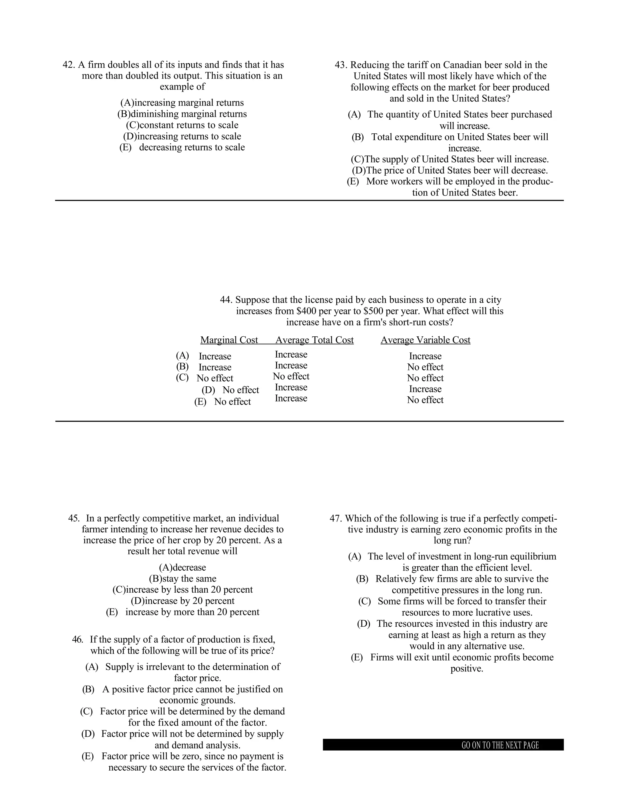 42. A firm doubles all of its inputs and finds that it has            43. Reducing the tariff on Canadian beer sold in the
     more than doubled its output. This situation is an                    United States will most likely have which of the
                        example of                                        following effects on the market for beer produced
               (A)increasing marginal returns                                      and sold in the United States?
              (B)diminishing marginal returns                            (A) The quantity of United States beer purchased
                 (C)constant returns to scale                                                  will increase.
                (D)increasing returns to scale                            (B) Total expenditure on United States beer will
               (E) decreasing returns to scale                                                   increase.
                                                                          (C)The supply of United States beer will increase.
                                                                          (D)The price of United States beer will decrease.
                                                                         (E) More workers will be employed in the produc-
                                                                                        tion of United States beer.




                                         44. Suppose that the license paid by each business to operate in a city
                                             increases from $400 per year to $500 per year. What effect will this
                                                          increase have on a firm's short-run costs?
                                    Marginal Cost      Average Total Cost        Average Variable Cost
                             (A) Increase              Increase                         Increase
                             (B) Increase              Increase                         No effect
                             (C) No effect             No effect                        No effect
                                   (D) No effect       Increase                         Increase
                                 (E) No effect         Increase                         No effect




 45. In a perfectly competitive market, an individual               47. Which of the following is true if a perfectly competi-
    farmer intending to increase her revenue decides to                 tive industry is earning zero economic profits in the
     increase the price of her crop by 20 percent. As a                                        long run?
                result her total revenue will
                                                                         (A) The level of investment in long-run equilibrium
                        (A)decrease                                                   is greater than the efficient level.
                      (B)stay the same                                     (B) Relatively few firms are able to survive the
             (C)increase by less than 20 percent                                   competitive pressures in the long run.
                 (D)increase by 20 percent                                  (C) Some firms will be forced to transfer their
           (E) increase by more than 20 percent                                       resources to more lucrative uses.
                                                                            (D) The resources invested in this industry are
  46. If the supply of a factor of production is fixed,                           earning at least as high a return as they
      which of the following will be true of its price?                                 would in any alternative use.
                                                                          (E) Firms will exit until economic profits become
      (A) Supply is irrelevant to the determination of                                             positive.
                            factor price.
     (B) A positive factor price cannot be justified on
                        economic grounds.
    (C) Factor price will be determined by the demand
               for the fixed amount of the factor.
    (D) Factor price will not be determined by supply
                       and demand analysis.                                                           GO ON TO THE NEXT PAGE
     (E) Factor price will be zero, since no payment is
           necessary to secure the services of the factor.
 