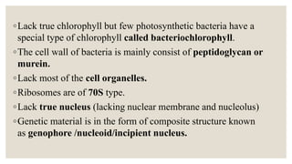 ◦Lack true chlorophyll but few photosynthetic bacteria have a
special type of chlorophyll called bacteriochlorophyll.
◦The cell wall of bacteria is mainly consist of peptidoglycan or
murein.
◦Lack most of the cell organelles.
◦Ribosomes are of 70S type.
◦Lack true nucleus (lacking nuclear membrane and nucleolus)
◦Genetic material is in the form of composite structure known
as genophore /nucleoid/incipient nucleus.
 