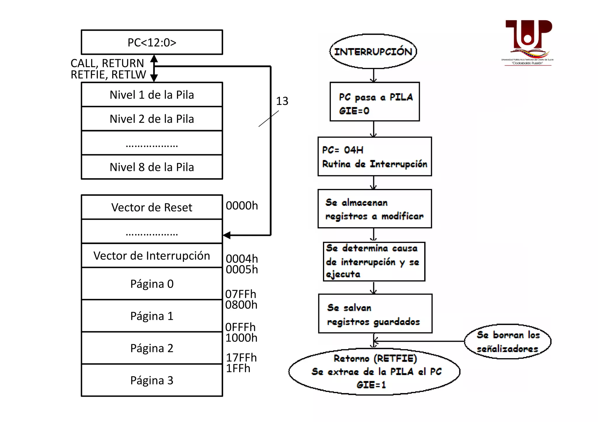 PC<12:0>
Nivel 1 de la Pila
Nivel 2 de la Pila
………………
Nivel 8 de la Pila
CALL, RETURN
RETFIE, RETLW
Vector de Reset 0000h
13
Vector de Reset
………………
Vector de Interrupción
0000h
0004h
0005h
Página 0
Página 1
Página 2
Página 3
07FFh
0800h
0FFFh
1000h
17FFh
1FFh
 