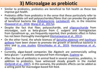 3) Microalgae as prebiotic
• Similar to probiotics, prebiotics are beneficial to fish health as these too
improve gut health.
• Prebiotics differ from probiotics in the sense that these particularly refer to
the indigestible cell wall polysaccharides/fibres that can provoke the growth
of beneficial bacteria like Bifidobacteria, Lactobacilli, etc. in the intestine
(Dawood et al., 2018, Wang et al., 2017a).
• Despite the fact that fiber, polysaccharide, and oligosaccharide from
microalgae, such as beta-glucan from C. vulgaris and homogalactan
from Gyrodinium sp., are frequently reported, their prebiotic effect in fishes
has not been thoroughly investigated (Hemaiswarya et al., 2011).
• On the other hand, the whole biomass of Spirulina platensis and Isochrysis
galbana have been shown to promote the growth of beneficial bacteria in
vitro and in vivo studies (Dineshbabu et al., 2019, Hemaiswarya et al.,
2011).
• Currently, algae-based companies like Algatech are commercially selling
beta-glucan – a prebiotic compound from microalgae, Euglena sp.
• After the ban of antibiotics in animal feed in several countries, prebiotics, in
addition to probiotics, have witnessed steady growth in the market
(Defoirdt et al., 2007). In this scenario, the probiotic effects can be added as
a selling point for macroalgae-based fish feed.
 