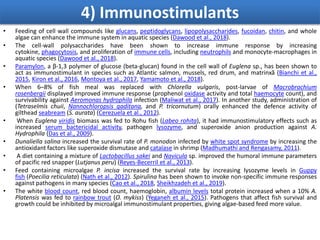 4) Immunostimulants
• Feeding of cell wall compounds like glucans, peptidoglycans, lipopolysaccharides, fucoidan, chitin, and whole
algae can enhance the immune system in aquatic species (Dawood et al., 2018).
• The cell-wall polysaccharides have been shown to increase immune response by increasing
cytokine, phagocytosis, and proliferation of immune cells, including neutrophils and monocyte-macrophages in
aquatic species (Dawood et al., 2018).
• Paramylon, a β-1,3 polymer of glucose (beta-glucan) found in the cell wall of Euglena sp., has been shown to
act as immunostimulant in species such as Atlantic salmon, mussels, red drum, and matrinxã (Bianchi et al.,
2015, Kiron et al., 2016, Montoya et al., 2017, Yamamoto et al., 2018).
• When 6–8% of fish meal was replaced with Chlorella vulgaris, post-larvae of Macrobrachium
rosenbergii displayed improved immune response (prophenol oxidase activity and total haemocyte count), and
survivability against Aeromonas hydrophila infection (Maliwat et al., 2017). In another study, administration of
(Tetraselmis chuii, Nannochloropsis gaditana, and P. tricornutum) orally enhanced the defence activity of
gilthead seabream (S. aurata) (Cerezuela et al., 2012).
• When Euglena viridis biomass was fed to Rohu fish (Labeo rohita), it had immunostimulatory effects such as
increased serum bactericidal activity, pathogen lysozyme, and superoxide anion production against A.
Hydrophila (Das et al., 2009).
• Dunaliella salina increased the survival rate of P. monodon infected by white spot syndrome by increasing the
antioxidant factors like superoxide dismutase and catalase in shrimp (Madhumathi and Rengasamy, 2011).
• A diet containing a mixture of Lactobacillus sakei and Navicula sp. improved the humoral immune parameters
of pacific red snapper (Lutjanus peru) (Reyes-Becerril et al., 2013).
• Feed containing microalgae P. incisa increased the survival rate by increasing lysozyme levels in Guppy
fish (Poecilia reticulata) (Nath et al., 2012). Spirulina has been shown to invoke non-specific immune responses
against pathogens in many species (Cao et al., 2018, Sheikhzadeh et al., 2019).
• The white blood count, red blood count, haemoglobin, albumin levels total protein increased when a 10% A.
Platensis was fed to rainbow trout (O. mykiss) (Yeganeh et al., 2015). Pathogens that affect fish survival and
growth could be inhibited by microalgal immunostimulant properties, giving algae-based feed more value.
 