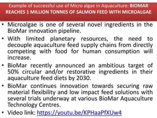 Example of successful use of Micro algae in Aquaculture: BIOMAR
REACHES 1 MILLION TONNES OF SALMON FEED WITH MICROALGAE
• Microalgae is one of several novel ingredients in the
BioMar innovation pipeline.
• With limited planetary resources, the need to
decouple aquaculture feed supply chains from directly
competing with food for human consumption will
increase.
• BioMar recently announced an ambitious target of
50% circular and/or restorative ingredients in their
aquaculture feed diets by 2030.
• BioMar continues innovation towards securing raw
material flexibility and low impact feed solutions with
several trials underway at various BioMar Aquaculture
Technology Centres.
• Video link: https://youtu.be/KPHaaPfXUw4
 