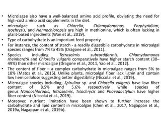 • Microlagae also have a well-balanced amino acid profile, obviating the need for
high-cost amino acid supplements in the diet.
• microalgae such as Chlorella, Chlamydomonas, Porphyridium,
Isochrysis, and Nannochloropsis are high in methionine, which is often lacking in
plant-based ingredients (Wan et al., 2019).
• Type of carbohydrate is an important feed property.
• For instance, the content of starch - a readily digestibile carbohydrate in microalgal
species ranges from 7% to 45% (Dragone et al., 2011).
• Species including Tetraselmis subcordiformis, Chlamydomonas
rheinhardtii and Chlorella vulgaris comparatively have higher starch content (30–
49%) than other microalgae (Dragone et al., 2011, Yao et al., 2012).
• The content of fiber – a complex carbohydrate in microalgae ranges from 5% to
18% (Matos et al., 2016). Unlike plants, microalgal fiber lack lignin and contain
low hemicellulose suggesting better digestibility (Niccolai et al., 2019).
• Microalgae species including, Spirulina sp. and Chlorella vulgaris have low fiber
content of 8.5% and 5.6% respectively while species of
genus Nannochloropis, Tetraselmis, Tisochrysis and Phaeodactylum have higher
fiber content (Niccolai et al., 2019).
• Moreover, nutrient limitation have been shown to further increase the
carbohydrate and lipid content in microalgae (Chen et al., 2017, Nagappan et al.,
2019a, Nagappan et al., 2019b).
 