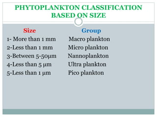 PHYTOPLANKTON CLASSIFICATION
BASED ON SIZE
Size Group
1- More than 1 mm Macro plankton
2-Less than 1 mm Micro plankton
3-B...