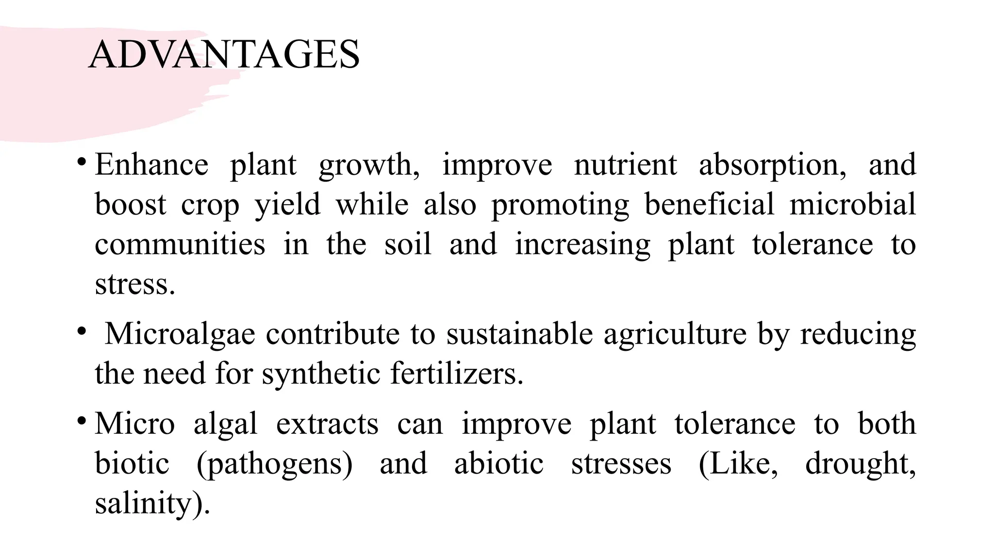 ADVANTAGES
• Enhance plant growth, improve nutrient absorption, and
boost crop yield while also promoting beneficial microbial
communities in the soil and increasing plant tolerance to
stress.
• Microalgae contribute to sustainable agriculture by reducing
the need for synthetic fertilizers.
• Micro algal extracts can improve plant tolerance to both
biotic (pathogens) and abiotic stresses (Like, drought,
salinity).
 