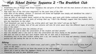 High School Drama: Sequence 2 –The Breakfast Club
Camera:
• Establishing shot of Shemar High School introduces the sub-genre of the film and the main location of where the film
will be based.
• High angle shot of the clock gives importance to the exact time of the film.
• Wide shots of the hallway, canteen, IT classroom and drama hall highlight how empty and abandoned the school is
without any students strolling around.
• Close up shots of the student board, rubbish on the staircase, gym room with clothes scattered everywhere, burn
locker and various other close up shots of writings that say ‘I don’t like Monday's suggest that the students don’t
give any importance to the school.
• Track movement was used to show the writing which said ‘open this locker? and you die fag!!!’
• Close up shots of a trophy, man of the year pictures and vote for prom queen show the different types of activities
done in the school.
• Wide shots are used to show the entrance of cars.
• Two shots are used to show the conversation of the student and their parents.
• Over the shoulder shot is also used to show the conversation but focus mainly on the speakers expressions.
• Mid shot was used to show how each student slams the car door shut in frustration.
• Establishing shot of the rebel student walking past a car, not waiting for it to stop and showing a female student
getting out and waiting for the car to drive away.
Editing:
• The title sequence was titles on a blank screen, used with a yellow font. Transitions were used to move from one
credit to the other.
• Shot reverse shot is used to cut from the parent to the child speaking.
• Match cut is used to show the teenagers leaving the car to their hesitance and frustration in entering the school.
• Transitions are used to show different props.
 