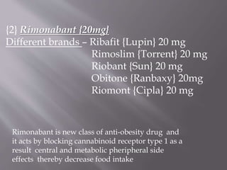 {2} Rimonabant {20mg} 
Different brands – Ribafit {Lupin} 20 mg 
Rimoslim {Torrent} 20 mg 
Riobant {Sun} 20 mg 
Obitone {Ranbaxy} 20mg 
Riomont {Cipla} 20 mg 
Rimonabant is new class of anti-obesity drug and 
it acts by blocking cannabinoid receptor type 1 as a 
result central and metabolic pheripheral side 
effects thereby decrease food intake 
 