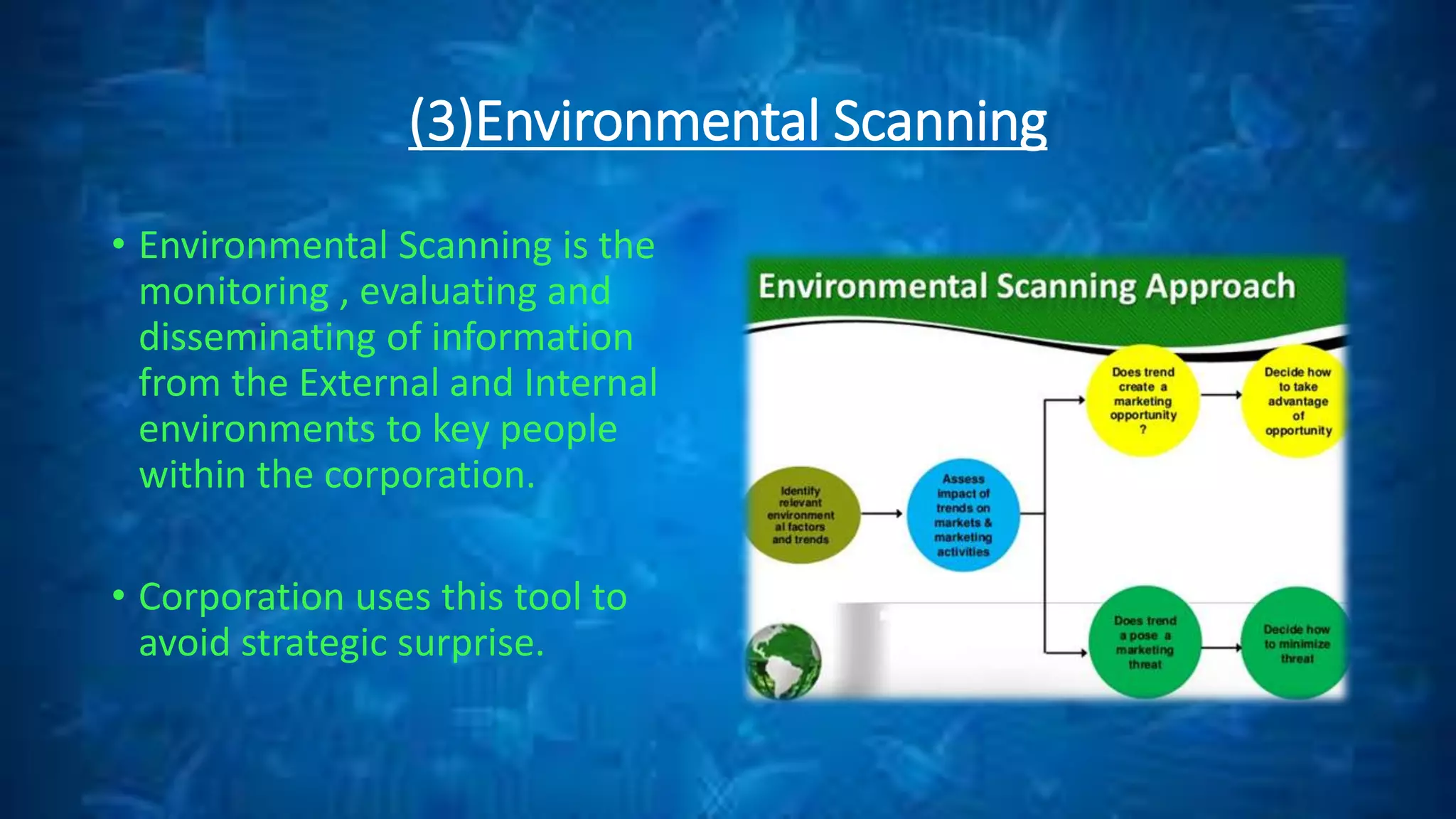 (3)Environmental Scanning
• Environmental Scanning is the
monitoring , evaluating and
disseminating of information
from the External and Internal
environments to key people
within the corporation.
• Corporation uses this tool to
avoid strategic surprise.
 