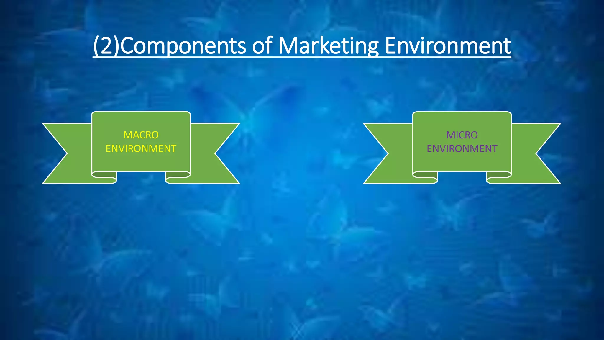 (2)Components of Marketing Environment
MICRO
ENVIRONMENT
MACRO
ENVIRONMENT
 