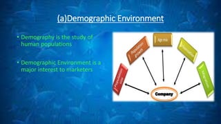(a)Demographic Environment
• Demography is the study of
human populations
• Demographic Environment is a
major interest to marketers
 