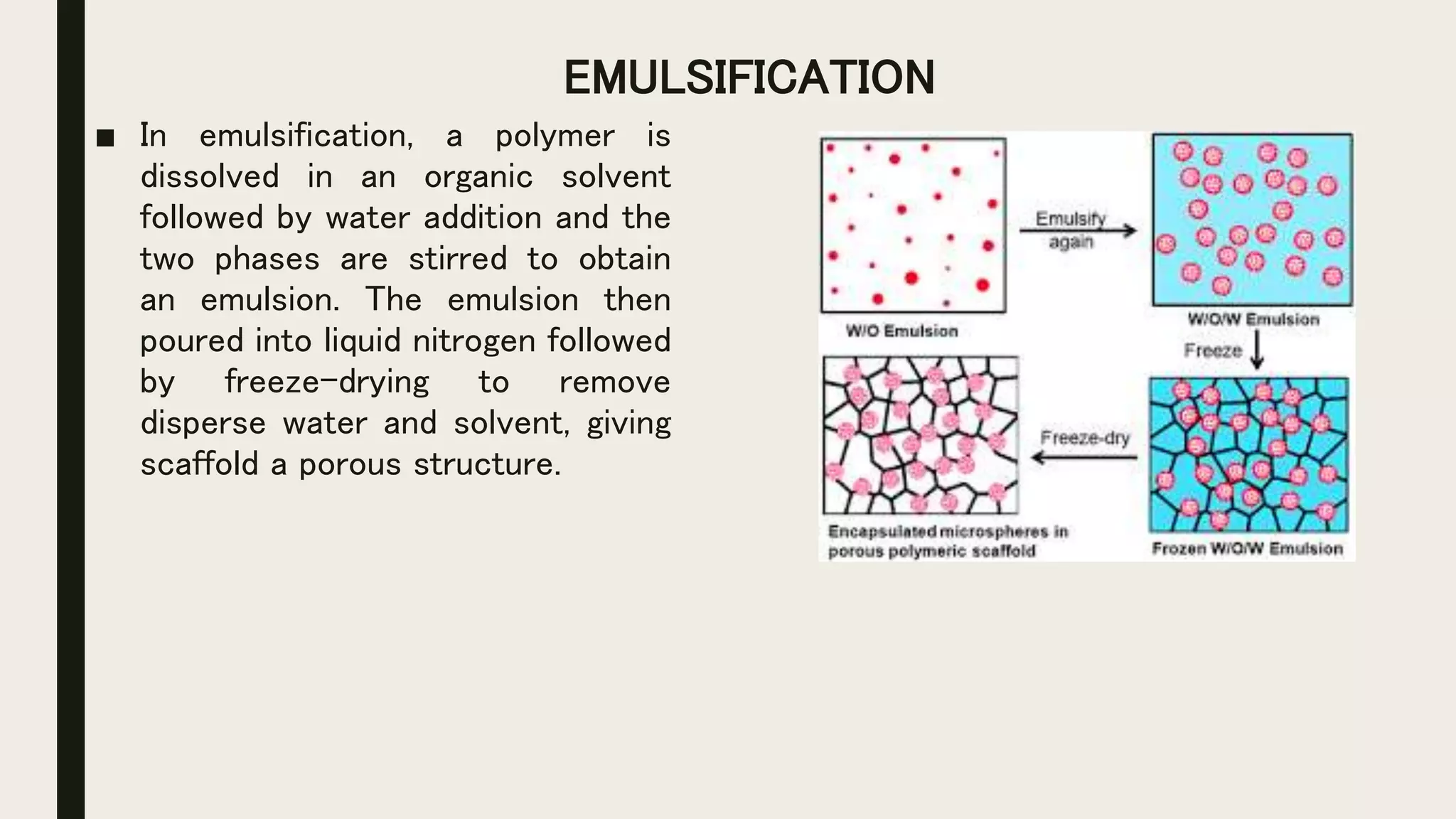 EMULSIFICATION
■ In emulsification, a polymer is
dissolved in an organic solvent
followed by water addition and the
two phases are stirred to obtain
an emulsion. The emulsion then
poured into liquid nitrogen followed
by freeze-drying to remove
disperse water and solvent, giving
scaffold a porous structure.
 