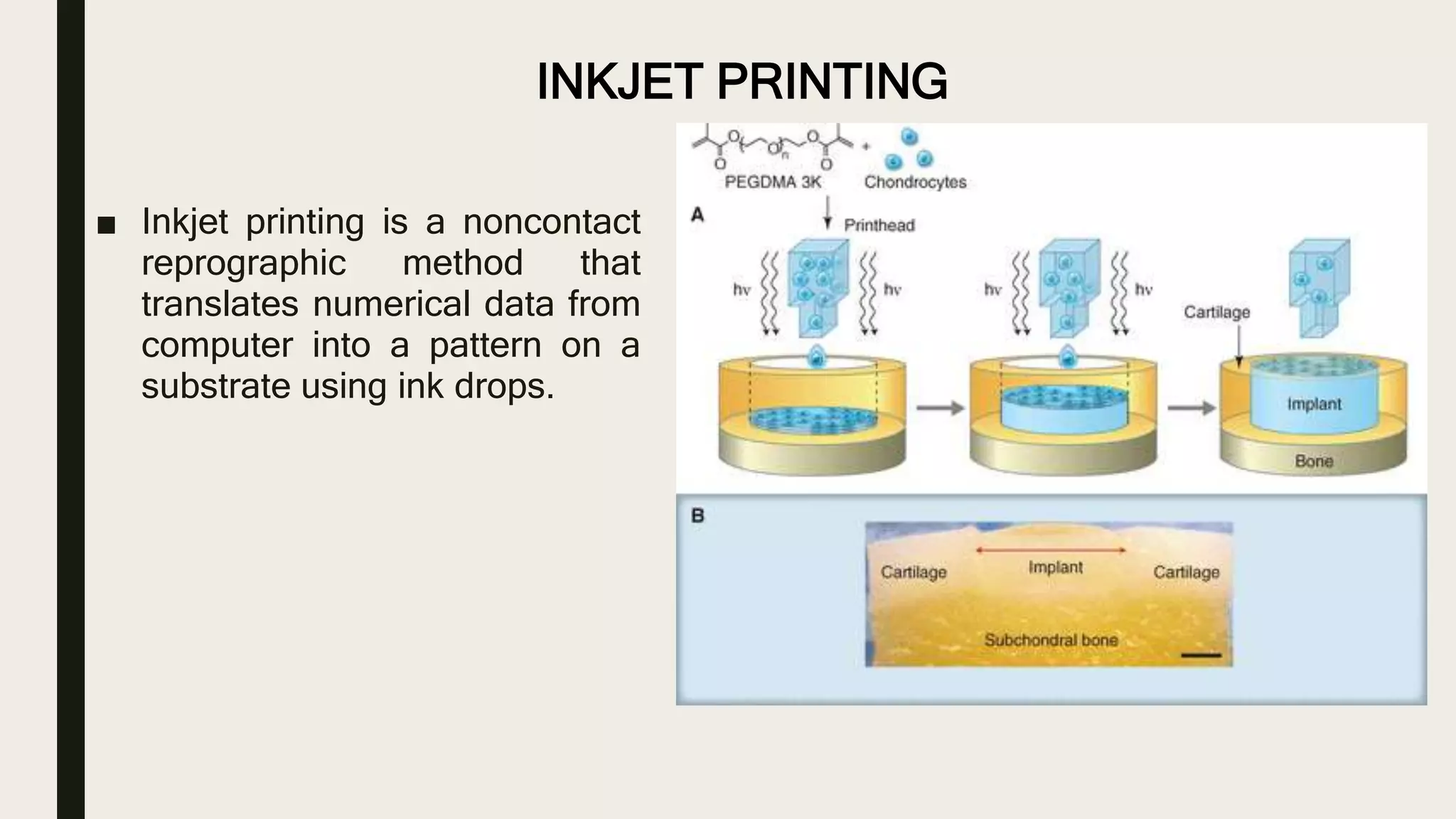 ■ Inkjet printing is a noncontact
reprographic method that
translates numerical data from
computer into a pattern on a
substrate using ink drops.
INKJET PRINTING
 