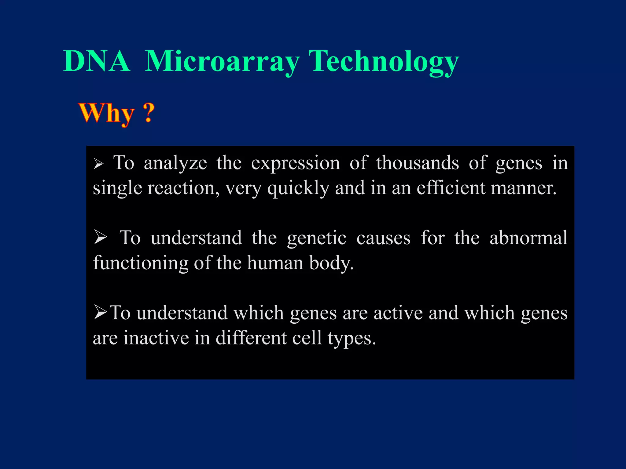 DNA Microarray Technology
To analyze the expression of thousands of genes in
single reaction, very quickly and in an efficient manner.


 To understand the genetic causes for the abnormal
functioning of the human body.

To understand which genes are active and which genes
are inactive in different cell types.

 