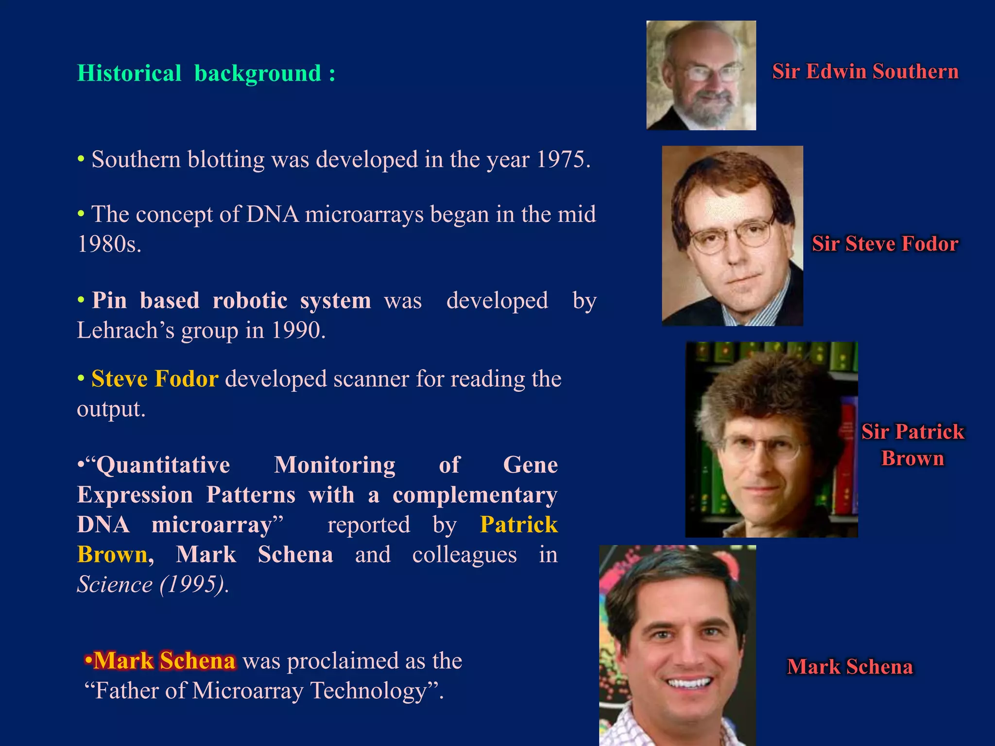 Historical background :

Sir Edwin Southern

• Southern blotting was developed in the year 1975.
• The concept of DNA microarrays began in the mid
1980s.

Sir Steve Fodor

• Pin based robotic system was developed by
Lehrach’s group in 1990.
• Steve Fodor developed scanner for reading the
output.
•“Quantitative
Monitoring
of
Gene
Expression Patterns with a complementary
DNA microarray”
reported by Patrick
Brown, Mark Schena and colleagues in
Science (1995).
•Mark Schena was proclaimed as the
“Father of Microarray Technology”.

Sir Patrick
Brown

Mark Schena

 