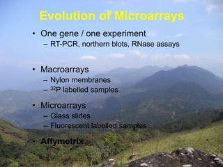 Evolution of Microarrays 
• One gene / one experiment 
– RT-PCR, northern blots, RNase assays 
• Macroarrays 
– Nylon membranes 
– 32P labelled samples 
• Microarrays 
– Glass slides 
– Fluorescent labelled samples 
• Affymetrix 
 