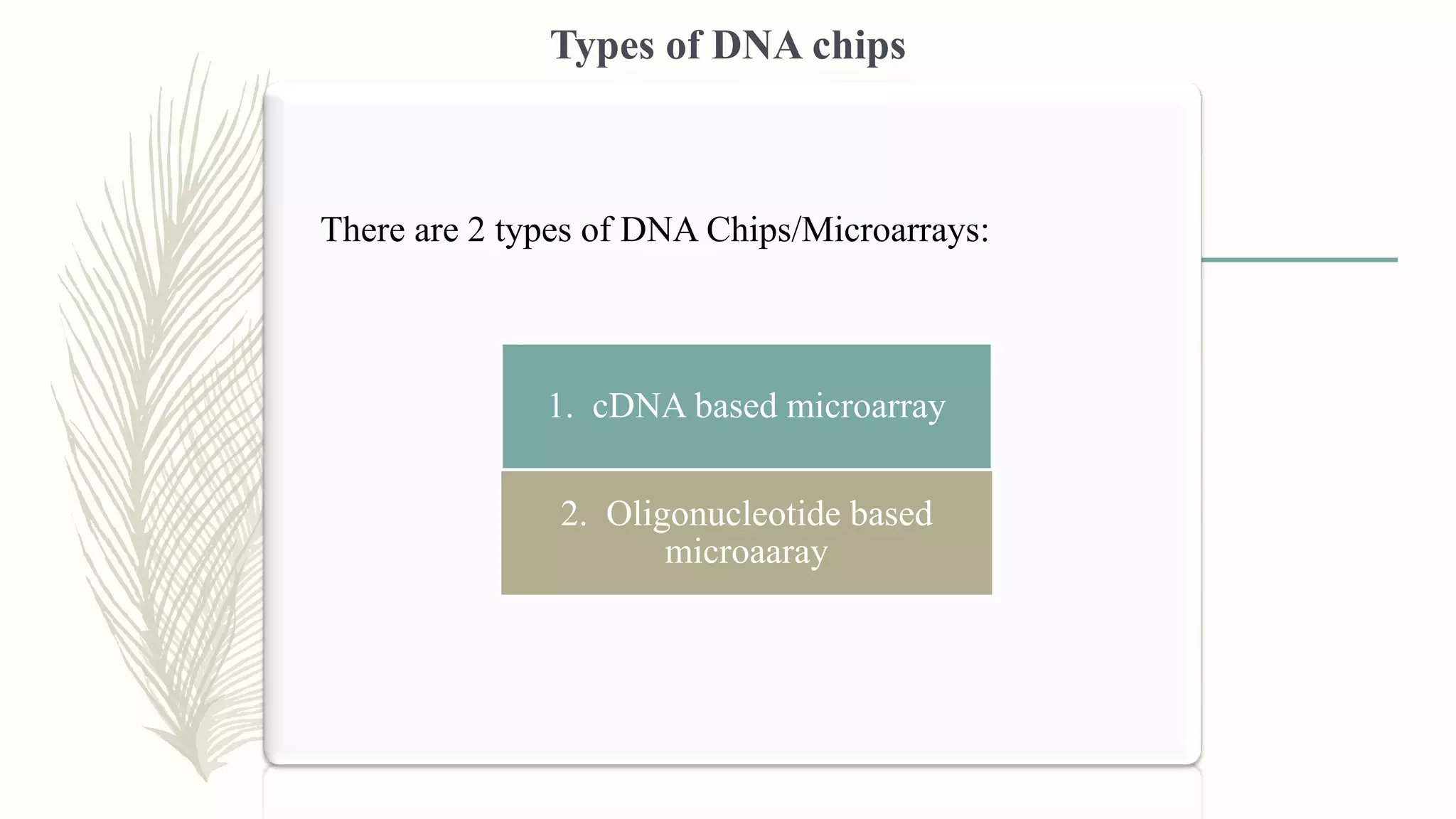 There are 2 types of DNA Chips/Microarrays:
Types of DNA chips
1. cDNA based microarray
2. Oligonucleotide based
microaaray
 