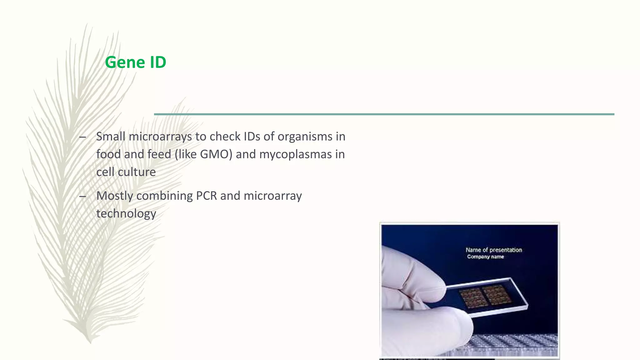– Small microarrays to check IDs of organisms in
food and feed (like GMO) and mycoplasmas in
cell culture
– Mostly combining PCR and microarray
technology
Gene ID
 