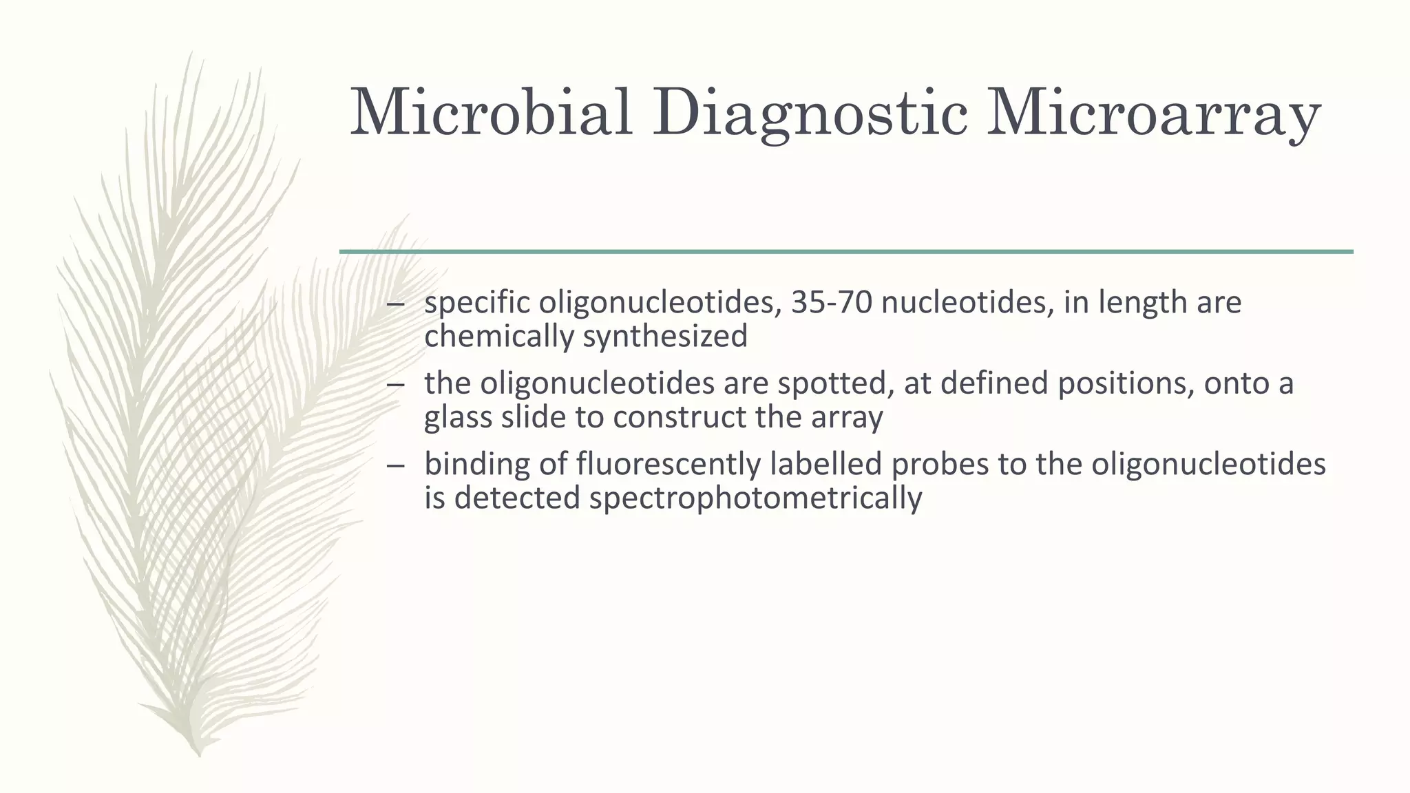 Microbial Diagnostic Microarray
– specific oligonucleotides, 35-70 nucleotides, in length are
chemically synthesized
– the oligonucleotides are spotted, at defined positions, onto a
glass slide to construct the array
– binding of fluorescently labelled probes to the oligonucleotides
is detected spectrophotometrically
 