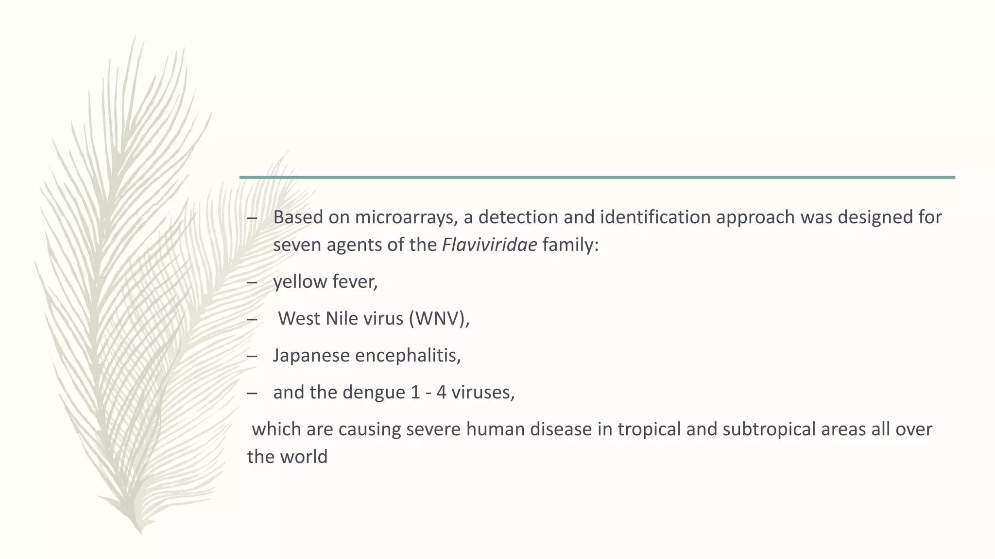 – Based on microarrays, a detection and identification approach was designed for
seven agents of the Flaviviridae family:
– yellow fever,
– West Nile virus (WNV),
– Japanese encephalitis,
– and the dengue 1 - 4 viruses,
which are causing severe human disease in tropical and subtropical areas all over
the world
 