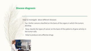 Help to investigate about different diseases
– E.g.: Earlier cancers classified on the basis of the organs in which the tumors
develop.
– Now, classify the types of cancer on the basis of the patterns of gene activity in
the tumor cells.
– Help to produce very effective drugs
Disease diagnosis
 