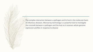 – The complex interaction between a pathogen and its host is the molecular basis
of infectious diseases. Microarray technology is a powerful tool to investigate
the crosstalk between a pathogen and the host as it assesses whole genome
expression profiles in response to disease
 