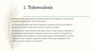 1. Tuberculosis
– Gryadunov et al : developed a biochip for detection of rifampicin-resistant and
isoniazid-resistant strains of M. tuberculosis .
– The biochip identifies over 95% of rifampicin-resistant and more than 80% of
isoniazid-resistant M. tuberculosis strains in sputum samples.
– The biochip has 77 gel elements and detects the 27 most-common mutations in
the rpoB gene responsible for rifampicin resistance as well as 11 mutations in
the katG gene, five mutations in the promoter region of the inhA gene, and five
mutations in the intergenic regulatory region of the ahpC-oxyR genes all of
which can cause resistance to isoniazid.
 