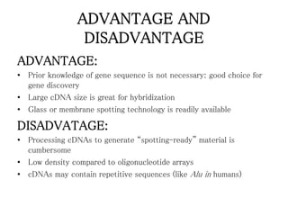 ADVANTAGE AND
DISADVANTAGE
ADVANTAGE:
• Prior knowledge of gene sequence is not necessary: good choice for
gene discovery
• Large cDNA size is great for hybridization
• Glass or membrane spotting technology is readily available
DISADVATAGE:
• Processing cDNAs to generate “spotting-ready” material is
cumbersome
• Low density compared to oligonucleotide arrays
• cDNAs may contain repetitive sequences (like Alu in humans)
 