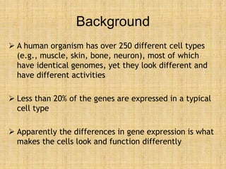 Background
 A human organism has over 250 different cell types
(e.g., muscle, skin, bone, neuron), most of which
have identical genomes, yet they look different and
have different activities
 Less than 20% of the genes are expressed in a typical
cell type
 Apparently the differences in gene expression is what
makes the cells look and function differently
 
