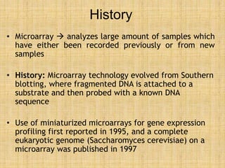 History
• Microarray  analyzes large amount of samples which
have either been recorded previously or from new
samples
• History: Microarray technology evolved from Southern
blotting, where fragmented DNA is attached to a
substrate and then probed with a known DNA
sequence
• Use of miniaturized microarrays for gene expression
profiling first reported in 1995, and a complete
eukaryotic genome (Saccharomyces cerevisiae) on a
microarray was published in 1997
 