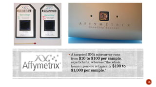  A targeted DNA microarray runs
from $10 to $100 per sample,
says Schena, whereas “the whole
human genome is typically $100 to
$1,000 per sample.”
15
 