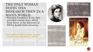  Rosalind Franklin's X-ray data
provided crucial clues, which
leads latter to the discovery of
DNA's double helix structure.
 (95) PHOTOGRAPH 51 (2019) - Rosalind
Franklin and James Watson - YouTube
3
 