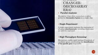  Parallel Analysis:
Microarray chips allow researchers to place
probes for thousands of genes on a single chip
 Single Experiment:
A single experiment analyzes the expression of
all genes simultaneously, revealing which ones
are actively expressed .
 High-Throughput Screening:
Microarrays enable rapid testing of hundreds of
candidate genes, accelerating the identification
of the specific gene responsible.
21
 