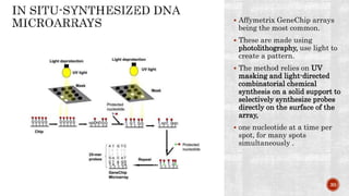  Affymetrix GeneChip arrays
being the most common.
 These are made using
photolithography, use light to
create a pattern.
 The method relies on UV
masking and light-directed
combinatorial chemical
synthesis on a solid support to
selectively synthesize probes
directly on the surface of the
array,
 one nucleotide at a time per
spot, for many spots
simultaneously .
30
 