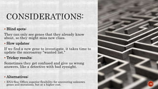  Blind spots:
They can only see genes that they already know
about, so they might miss new clues.
 Slow updates:
If we find a new gene to investigate, it takes time to
update the microarray "wanted list."
 Tricksy results:
Sometimes they get confused and give us wrong
answers, like a detective with bad eyesight.
 Alternatives:
 RNA-Seq: Offers superior flexibility for uncovering unknown
genes and mutations, but at a higher cost. 32
 
