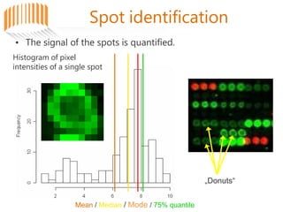 Spot identification
• The signal of the spots is quantified.
Histogram of pixel
intensities of a single spot
„Donuts“
Mean / Median / Mode / 75% quantile
 
