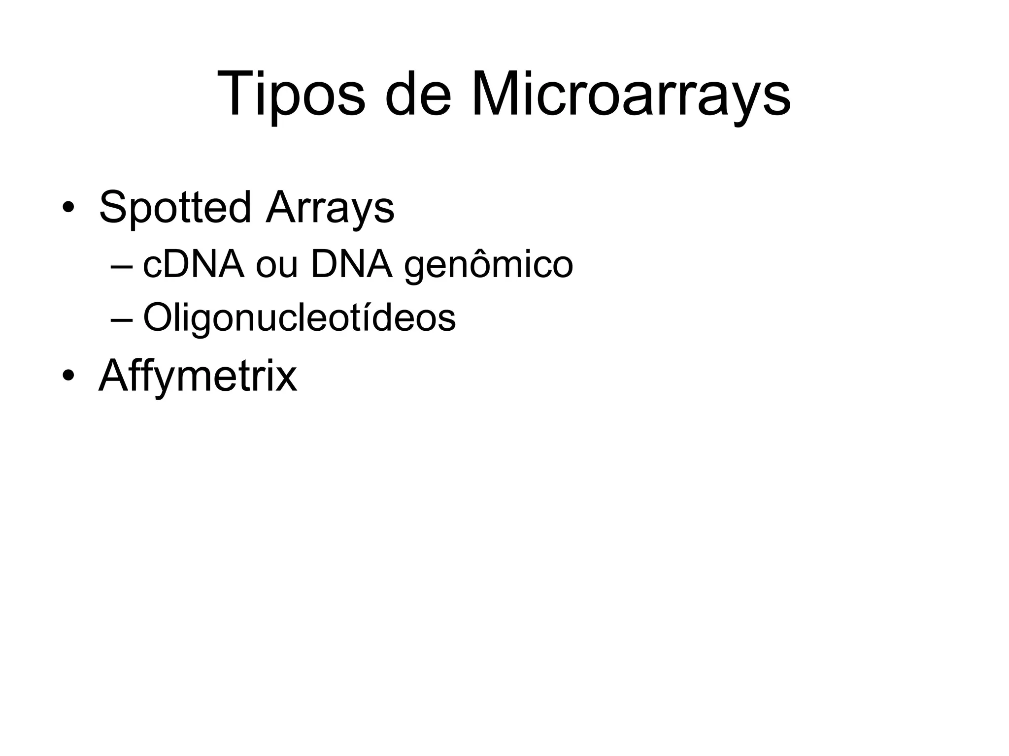 Tipos de Microarrays Spotted Arrays cDNA ou DNA genômico Oligonucleotídeos Affymetrix 