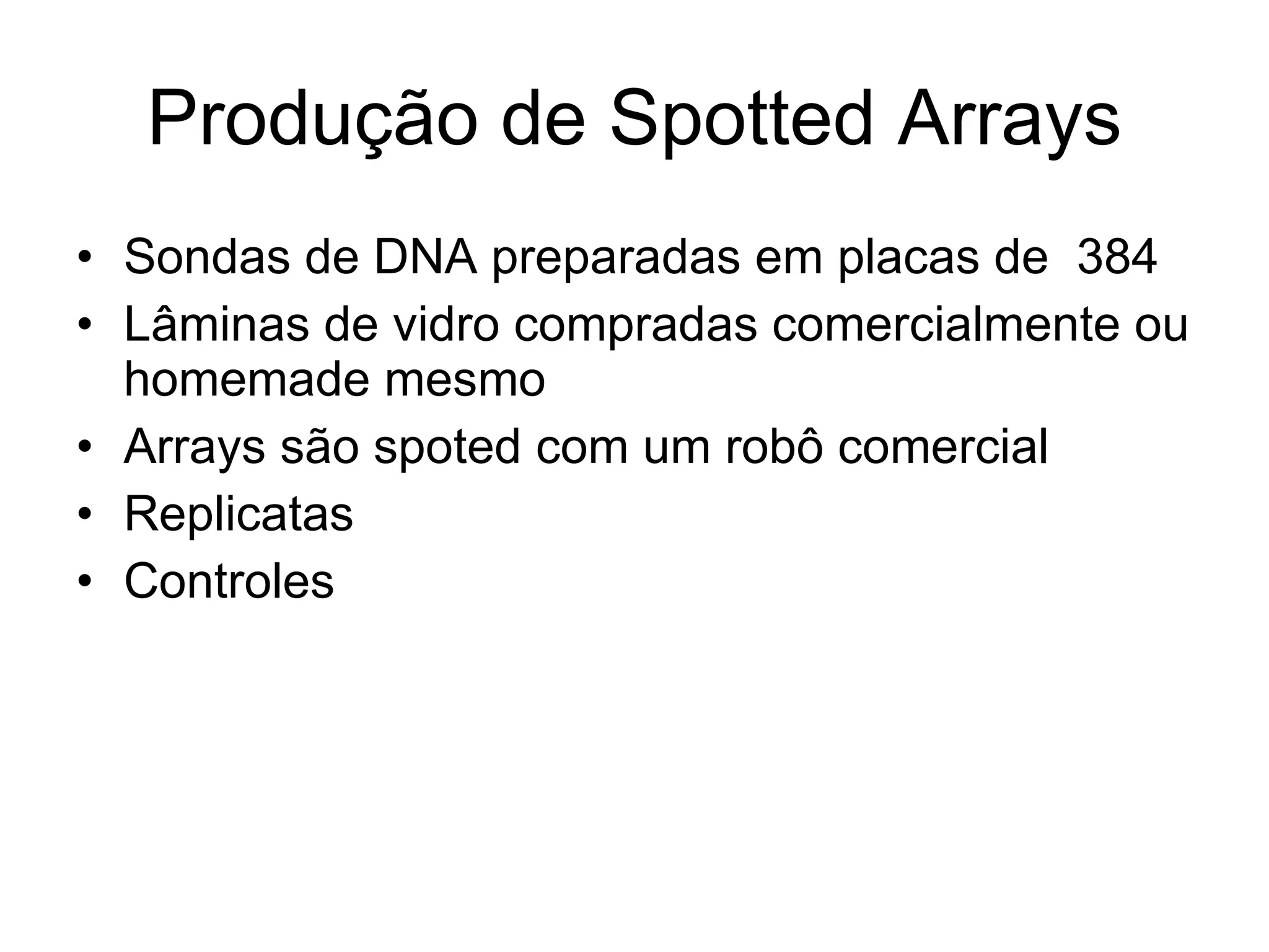 Produção de Spotted Arrays Sondas de DNA preparadas em placas de  384 Lâminas de vidro compradas comercialmente ou homemade mesmo Arrays são spoted com um robô comercial Replicatas Controles 
