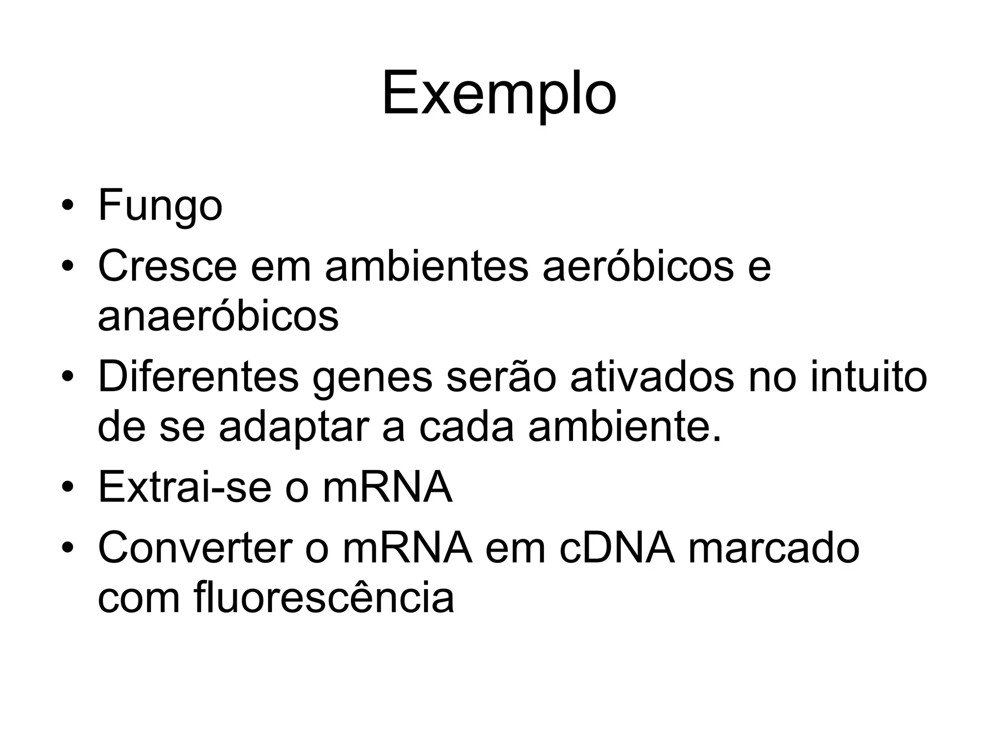 Exemplo Fungo Cresce em ambientes aeróbicos e anaeróbicos Diferentes genes serão ativados no intuito de se adaptar a cada ambiente. Extrai-se o mRNA Converter o mRNA em cDNA marcado com fluorescência 