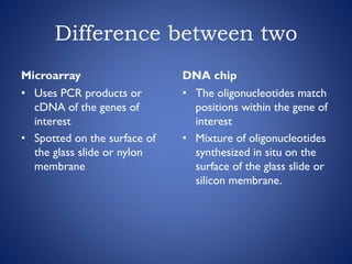 Difference between two
Microarray
• Uses PCR products or
cDNA of the genes of
interest
• Spotted on the surface of
the glass slide or nylon
membrane
DNA chip
• The oligonucleotides match
positions within the gene of
interest
• Mixture of oligonucleotides
synthesized in situ on the
surface of the glass slide or
silicon membrane.
 