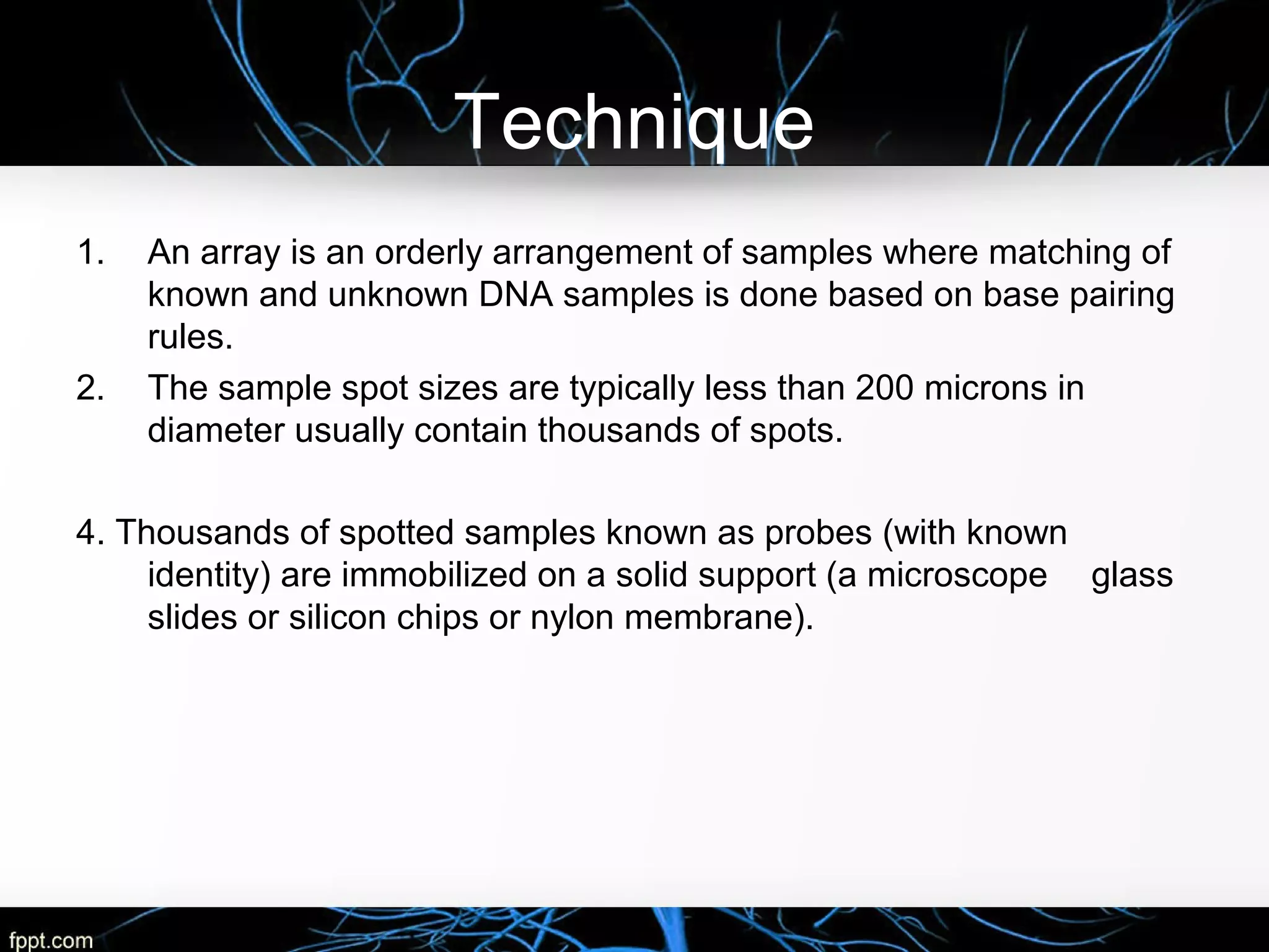 Technique
1. An array is an orderly arrangement of samples where matching of
known and unknown DNA samples is done based on base pairing
rules.
2. The sample spot sizes are typically less than 200 microns in
diameter usually contain thousands of spots.
4. Thousands of spotted samples known as probes (with known
identity) are immobilized on a solid support (a microscope glass
slides or silicon chips or nylon membrane).
 