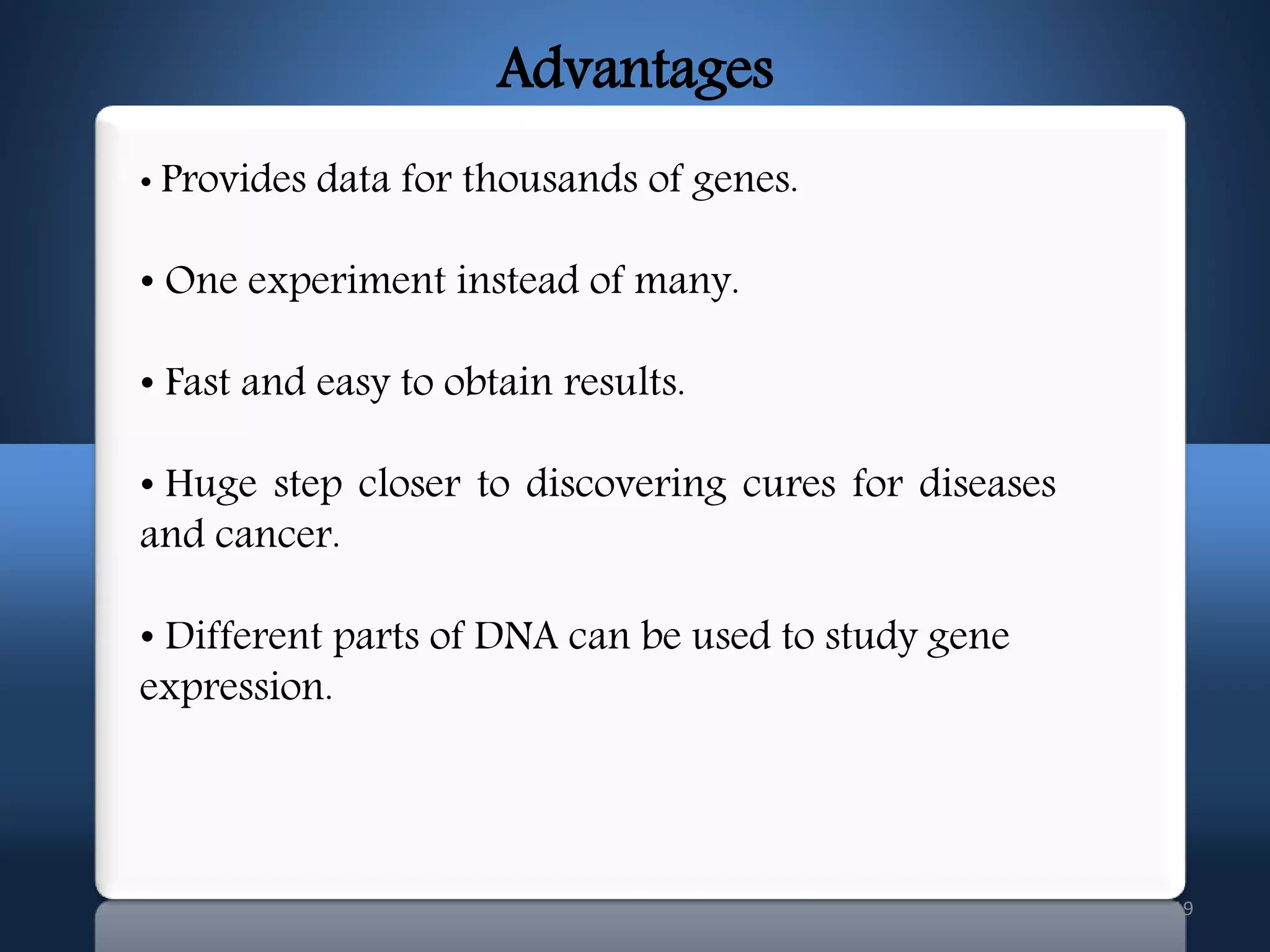 19
• Provides data for thousands of genes.
• One experiment instead of many.
• Fast and easy to obtain results.
• Huge step closer to discovering cures for diseases
and cancer.
• Different parts of DNA can be used to study gene
expression.
Advantages
 