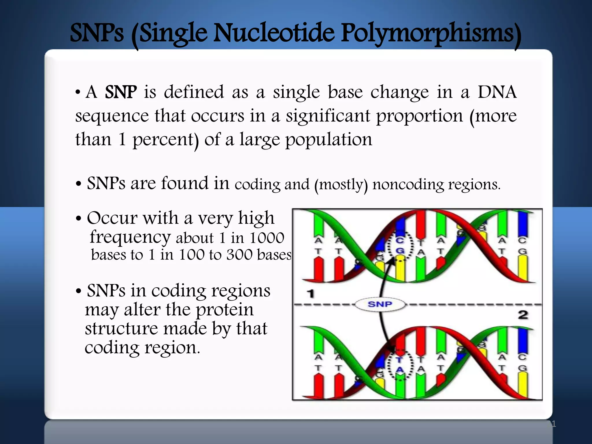 21
• A SNP is defined as a single base change in a DNA
sequence that occurs in a significant proportion (more
than 1 percent) of a large population
• SNPs are found in coding and (mostly) noncoding regions.
• Occur with a very high
frequency about 1 in 1000
bases to 1 in 100 to 300 bases.
• SNPs in coding regions
may alter the protein
structure made by that
coding region.
SNPs (Single Nucleotide Polymorphisms)
 