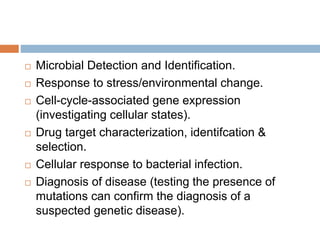  Microbial Detection and Identification.
 Response to stress/environmental change.
 Cell-cycle-associated gene expression
(investigating cellular states).
 Drug target characterization, identifcation &
selection.
 Cellular response to bacterial infection.
 Diagnosis of disease (testing the presence of
mutations can confirm the diagnosis of a
suspected genetic disease).
 