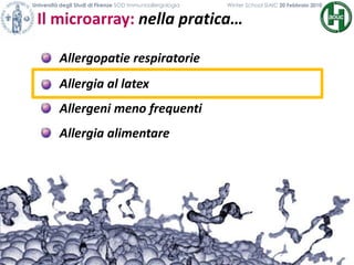 Il microarray: nella pratica…
Università degli Studi di Firenze SOD Immunoallergologia Winter School SIAIC 20 Febbraio 2010
Allergopatie respiratorie
Allergia al latex
Allergeni meno frequenti
Allergia alimentare
 