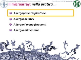 Il microarray: nella pratica…
Università degli Studi di Firenze SOD Immunoallergologia Winter School SIAIC 20 Febbraio 2010
Allergopatie respiratorie
Allergia al latex
Allergeni meno frequenti
Allergia alimentare
 