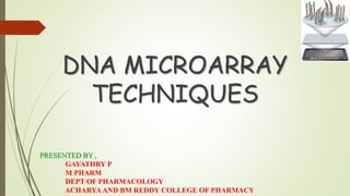 DNA MICROARRAY
TECHNIQUES
PRESENTED BY ,
GAYATHRY P
M PHARM
DEPT OF PHARMACOLOGY
ACHARYAAND BM REDDY COLLEGE OF PHARMACY
 